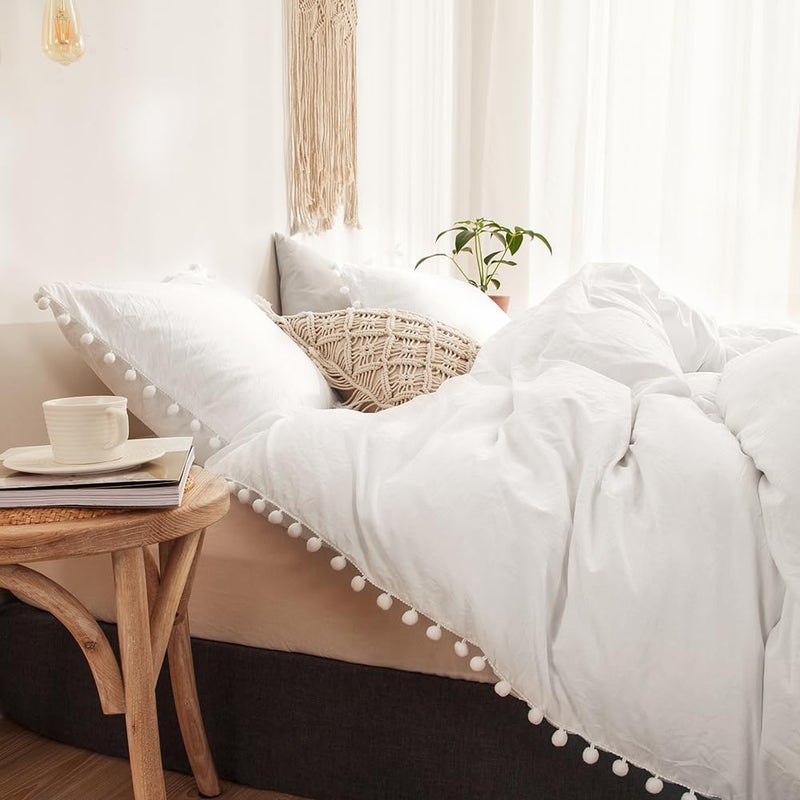 MOVE OVER White Pillowcases, Pom Poms Fringe Pillowcases, Pure White Boho Chic Pillow Shams, Ultra Soft Washed Microfiber 2 Pack Pillow Cover (King, White) - Image 2